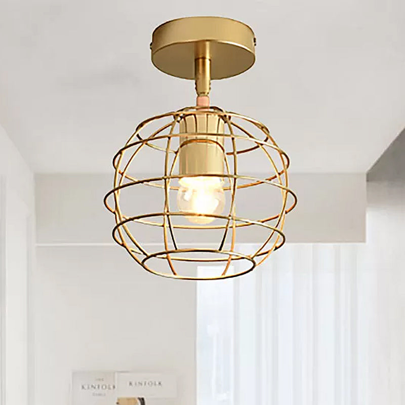 Global/Triangle Metallic Semi Flush Mount Light with Wire Frame Industrial 1 Head Bedroom Ceiling Lamp in Brass Brass Globe Clearhalo 'Ceiling Lights' 'Close To Ceiling Lights' 'Close to ceiling' 'Semi-flushmount' Lighting' 465227