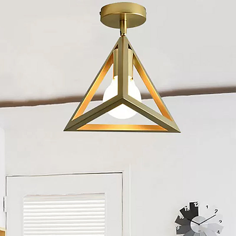 Global/Triangle Metallic Semi Flush Mount Light with Wire Frame Industrial 1 Head Bedroom Ceiling Lamp in Brass Brass Triangle Clearhalo 'Ceiling Lights' 'Close To Ceiling Lights' 'Close to ceiling' 'Semi-flushmount' Lighting' 465228