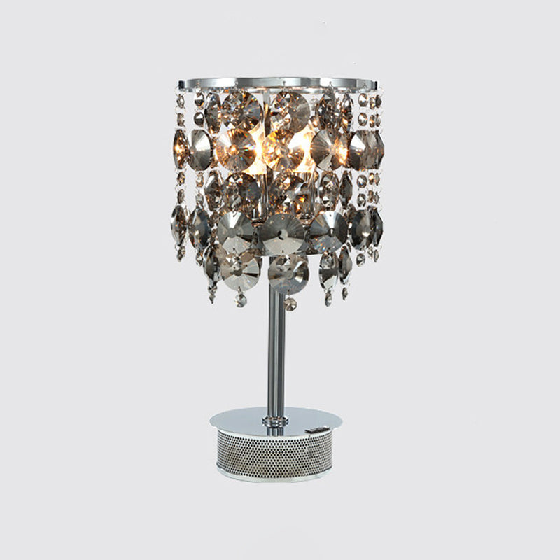 Cylindrical Table Light Modern Smoke Gray Crystal 2 Heads Living Room Nightstand Lamp Clearhalo 'Lamps' 'Table Lamps' Lighting' 465270