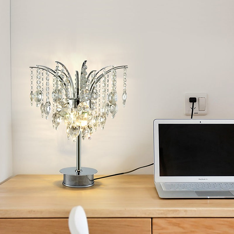 Metal Curved Arm Desk Lamp Modernism 2 Bulbs Chrome Table Light with Crystal Bead Clearhalo 'Lamps' 'Table Lamps' Lighting' 465283