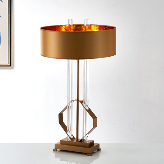 Fabric Drum Task Light Modern 1 Head Table Lamp in Gold with Rectangle Metal Pedestal Gold Clearhalo 'Lamps' 'Table Lamps' Lighting' 465319