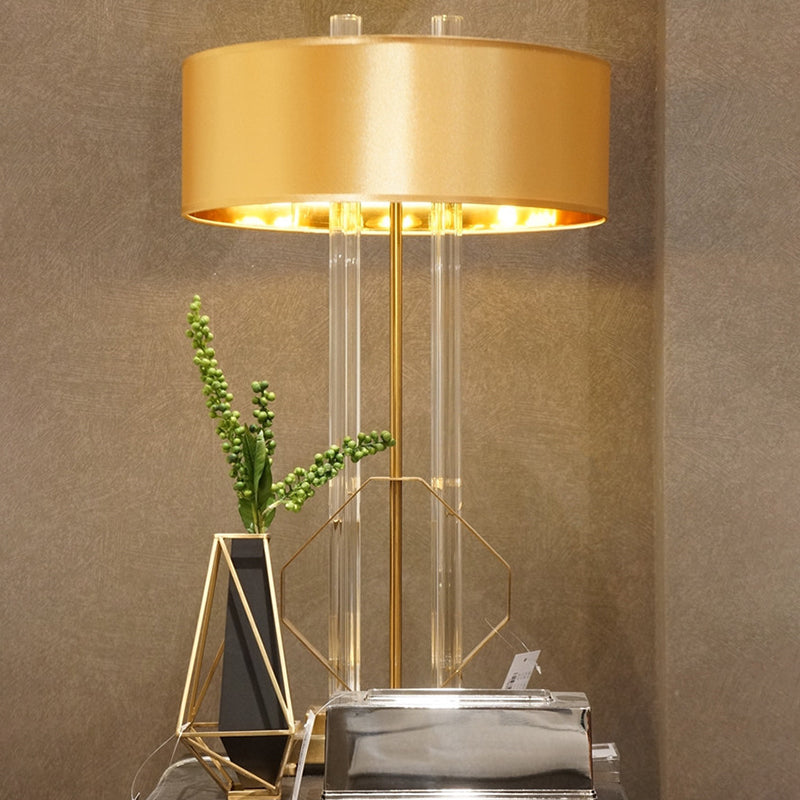 Fabric Drum Task Light Modern 1 Head Table Lamp in Gold with Rectangle Metal Pedestal Clearhalo 'Lamps' 'Table Lamps' Lighting' 465320