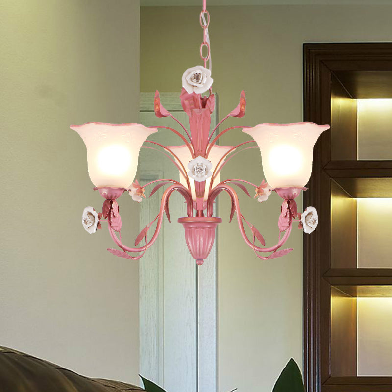 Country Flared Chandelier Lighting Fixture 3/5/7 Bulbs Metal LED Drop Pendant in Pink/Blue for Bedroom 3 Pink Clearhalo 'Ceiling Lights' 'Chandeliers' Lighting' options 465334_9528904e-be4e-4f24-997a-5c7c2d4230ea