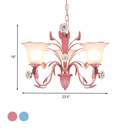 Country Flared Chandelier Lighting Fixture 3/5/7 Bulbs Metal LED Drop Pendant in Pink/Blue for Bedroom Clearhalo 'Ceiling Lights' 'Chandeliers' Lighting' options 465338