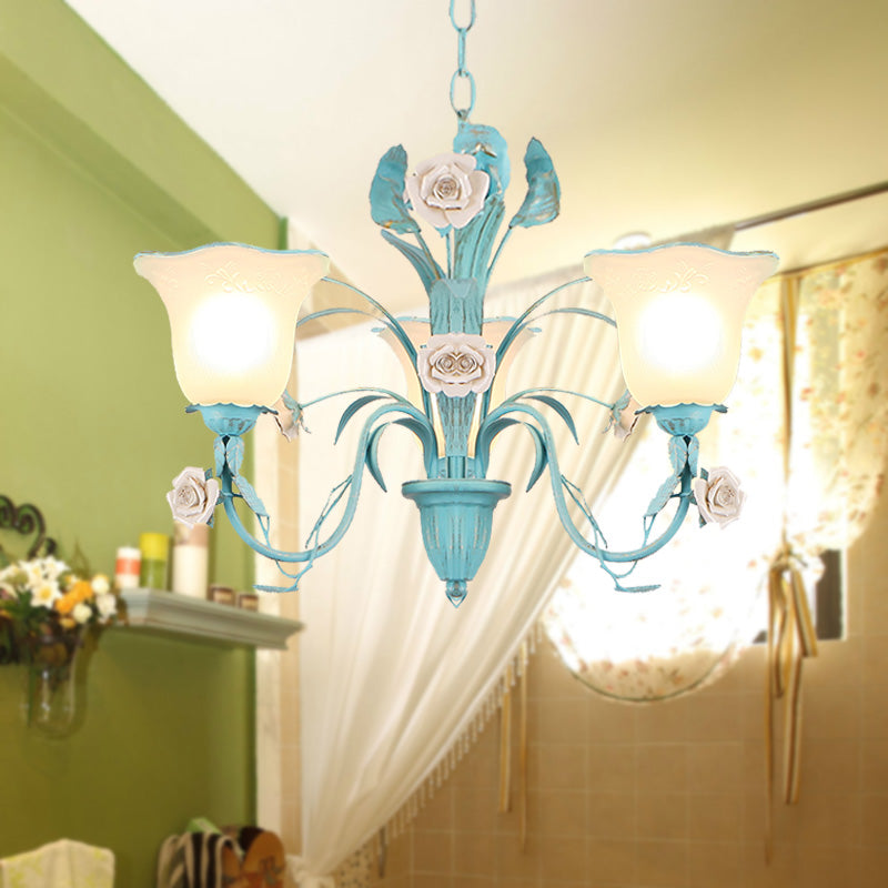 Country Flared Chandelier Lighting Fixture 3/5/7 Bulbs Metal LED Drop Pendant in Pink/Blue for Bedroom 3 Blue Clearhalo 'Ceiling Lights' 'Chandeliers' Lighting' options 465339_e0d06a93-7338-4eb1-9252-d47d1a5a2d90