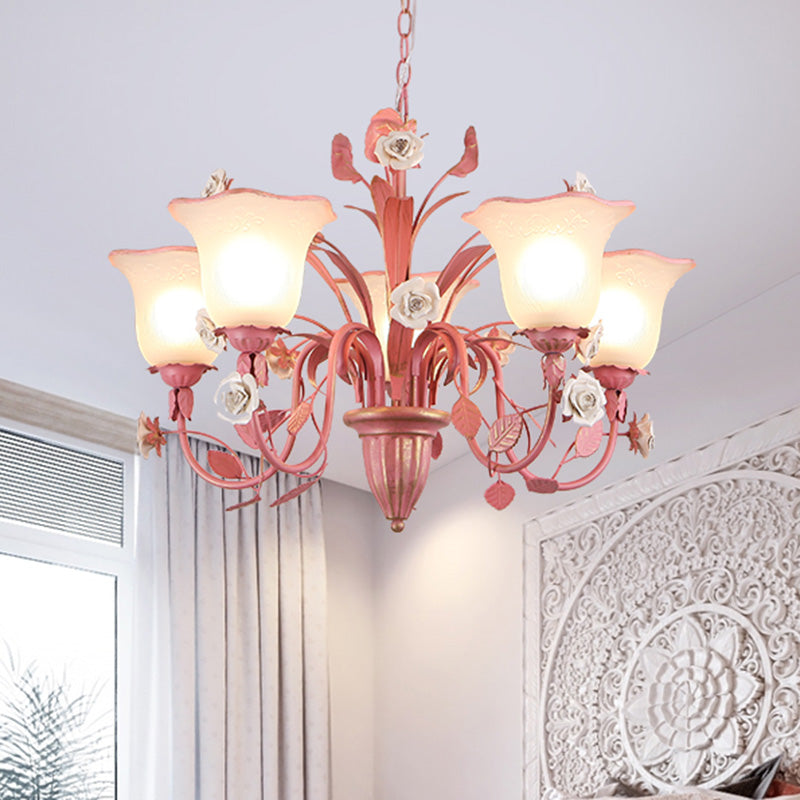 Country Flared Chandelier Lighting Fixture 3/5/7 Bulbs Metal LED Drop Pendant in Pink/Blue for Bedroom 5 Pink Clearhalo 'Ceiling Lights' 'Chandeliers' Lighting' options 465342_d029c348-f457-47ee-9934-0bbc72f082d4