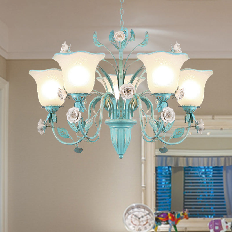 Country Flared Chandelier Lighting Fixture 3/5/7 Bulbs Metal LED Drop Pendant in Pink/Blue for Bedroom 5 Blue Clearhalo 'Ceiling Lights' 'Chandeliers' Lighting' options 465346_45267887-a9a1-4813-b9e5-7dc133dbb4eb