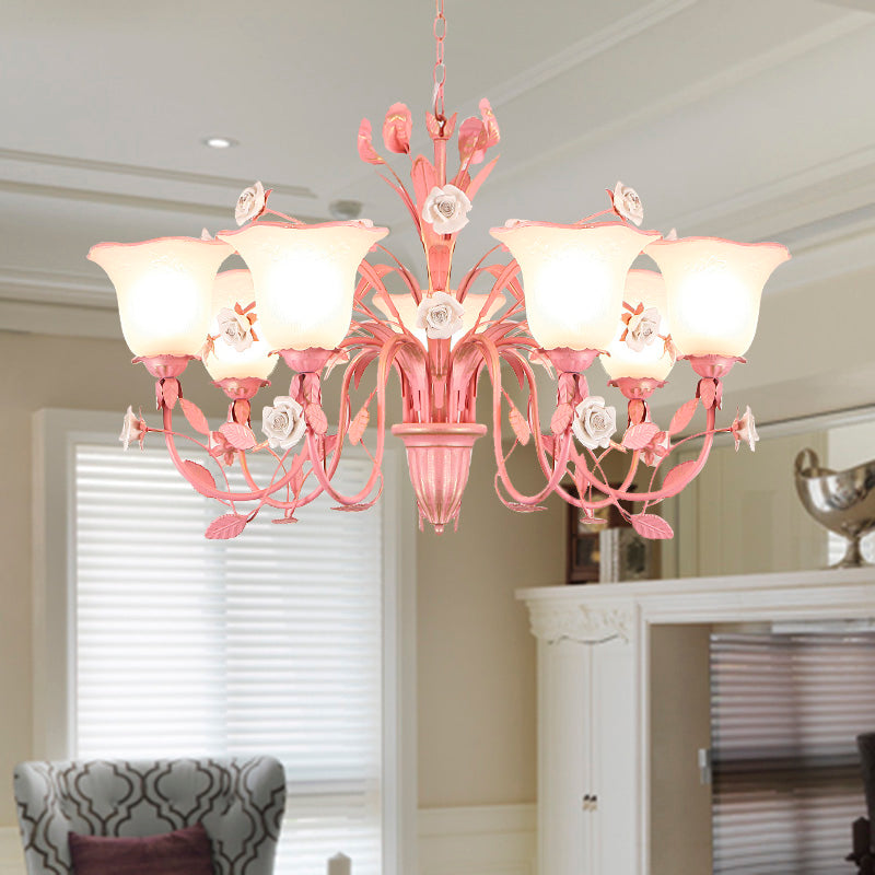 Country Flared Chandelier Lighting Fixture 3/5/7 Bulbs Metal LED Drop Pendant in Pink/Blue for Bedroom 7 Pink Clearhalo 'Ceiling Lights' 'Chandeliers' Lighting' options 465349_a69ecc28-d6c5-4e1b-af68-2216ecf405a6