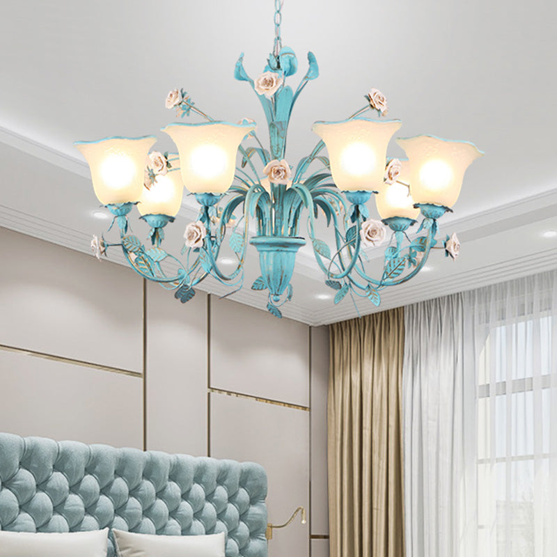 Country Flared Chandelier Lighting Fixture 3/5/7 Bulbs Metal LED Drop Pendant in Pink/Blue for Bedroom 7 Blue Clearhalo 'Ceiling Lights' 'Chandeliers' Lighting' options 465353_62495722-dfba-4d25-9ee0-eb9d43ff5ae6