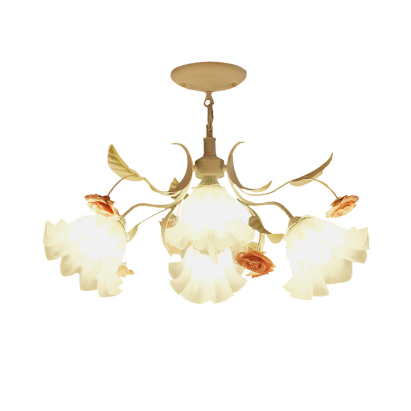 Scalloped Bedroom Pendant Chandelier Pastoral Metal 4/6/9 Heads White Ceiling Suspension Lamp with Rose Decoration Clearhalo 'Ceiling Lights' 'Chandeliers' Lighting' options 465396