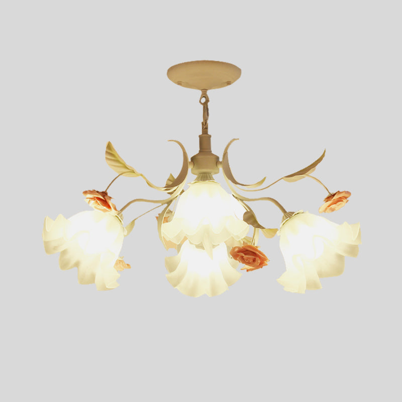 Scalloped Bedroom Pendant Chandelier Pastoral Metal 4/6/9 Heads White Ceiling Suspension Lamp with Rose Decoration Clearhalo 'Ceiling Lights' 'Chandeliers' Lighting' options 465397