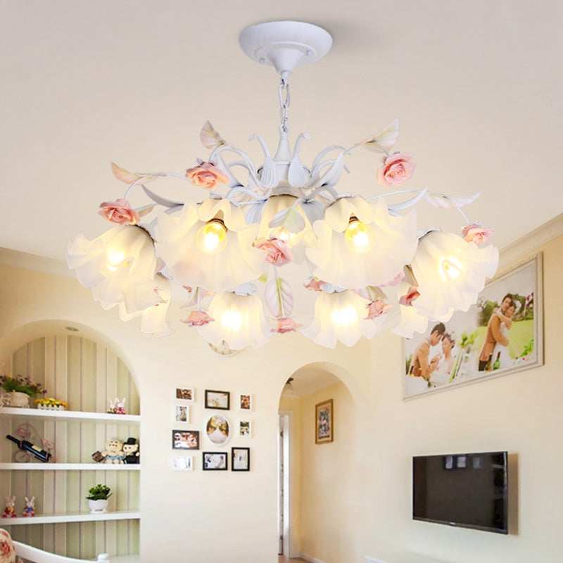 Scalloped Bedroom Pendant Chandelier Pastoral Metal 4/6/9 Heads White Ceiling Suspension Lamp with Rose Decoration Clearhalo 'Ceiling Lights' 'Chandeliers' Lighting' options 465399