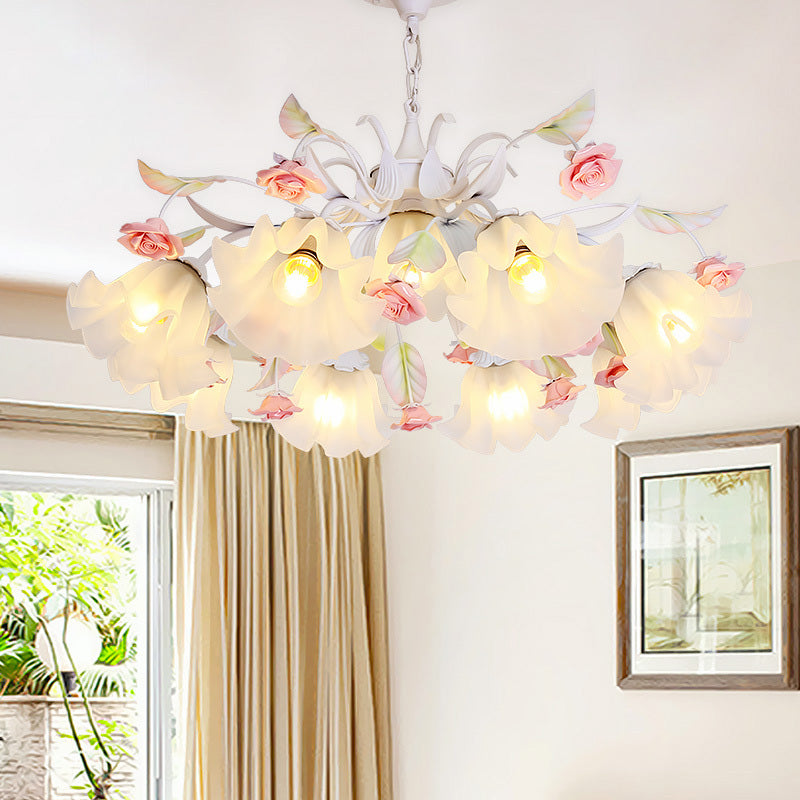 Scalloped Bedroom Pendant Chandelier Pastoral Metal 4/6/9 Heads White Ceiling Suspension Lamp with Rose Decoration Clearhalo 'Ceiling Lights' 'Chandeliers' Lighting' options 465400