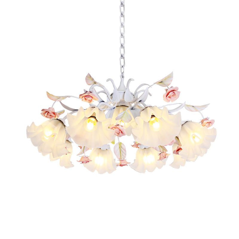 Scalloped Bedroom Pendant Chandelier Pastoral Metal 4/6/9 Heads White Ceiling Suspension Lamp with Rose Decoration Clearhalo 'Ceiling Lights' 'Chandeliers' Lighting' options 465401