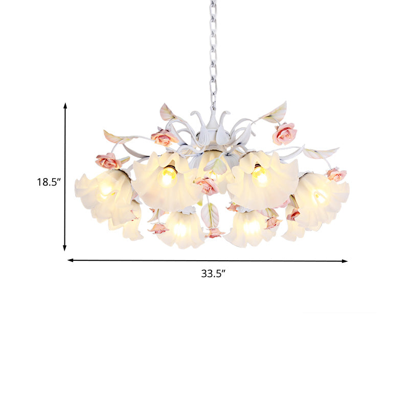 Scalloped Bedroom Pendant Chandelier Pastoral Metal 4/6/9 Heads White Ceiling Suspension Lamp with Rose Decoration Clearhalo 'Ceiling Lights' 'Chandeliers' Lighting' options 465402