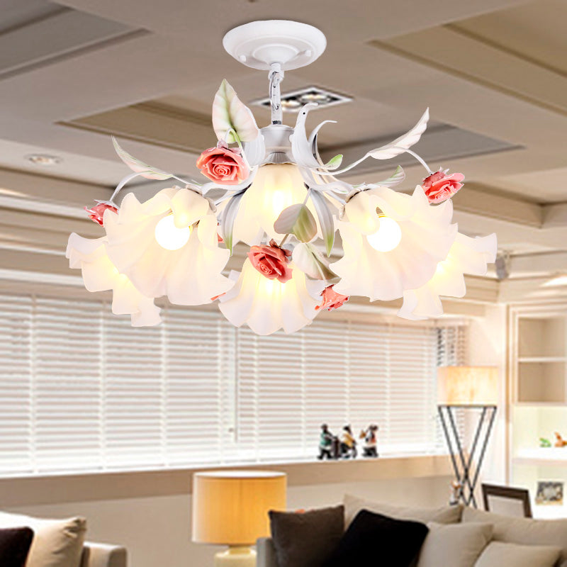 Scalloped Bedroom Pendant Chandelier Pastoral Metal 4/6/9 Heads White Ceiling Suspension Lamp with Rose Decoration 6 White Clearhalo 'Ceiling Lights' 'Chandeliers' Lighting' options 465403_65cf666a-d78b-4954-b721-9d4c8b436910