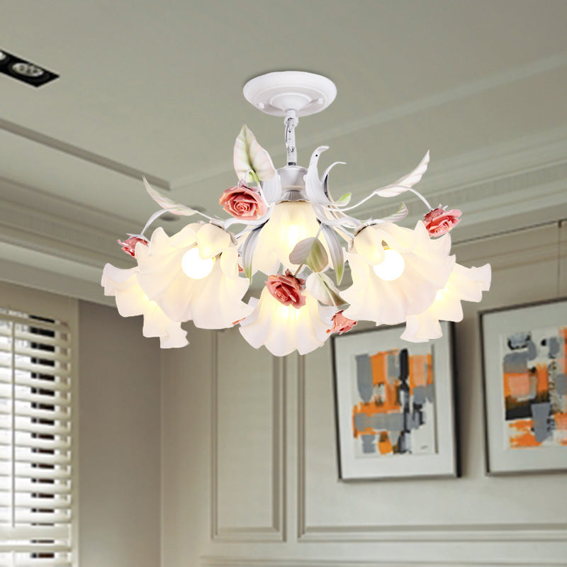 Scalloped Bedroom Pendant Chandelier Pastoral Metal 4/6/9 Heads White Ceiling Suspension Lamp with Rose Decoration Clearhalo 'Ceiling Lights' 'Chandeliers' Lighting' options 465404