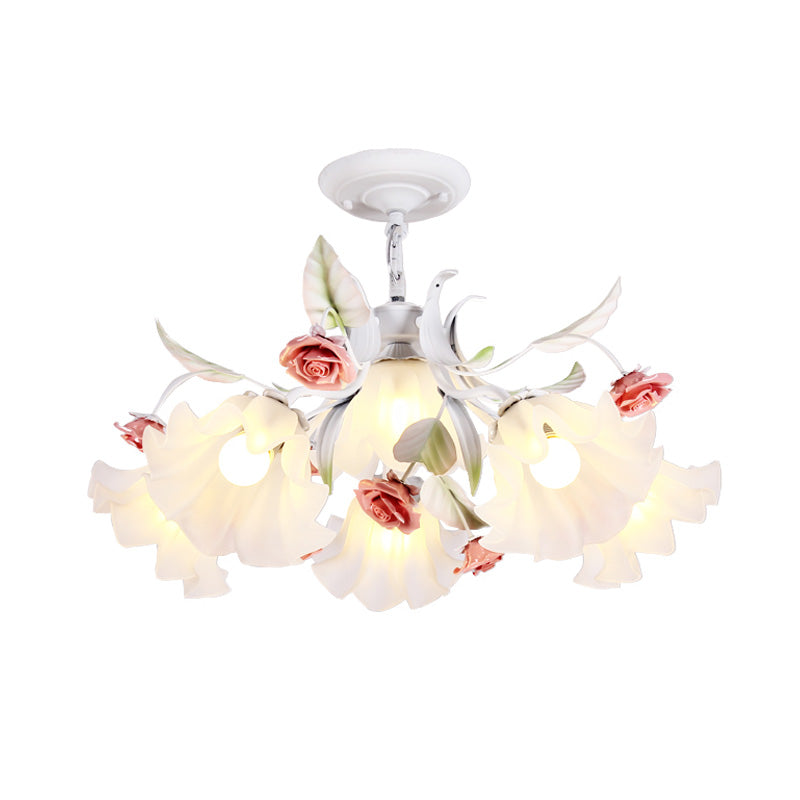 Scalloped Bedroom Pendant Chandelier Pastoral Metal 4/6/9 Heads White Ceiling Suspension Lamp with Rose Decoration Clearhalo 'Ceiling Lights' 'Chandeliers' Lighting' options 465405