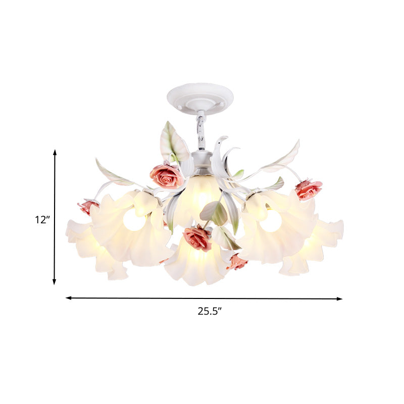 Scalloped Bedroom Pendant Chandelier Pastoral Metal 4/6/9 Heads White Ceiling Suspension Lamp with Rose Decoration Clearhalo 'Ceiling Lights' 'Chandeliers' Lighting' options 465406