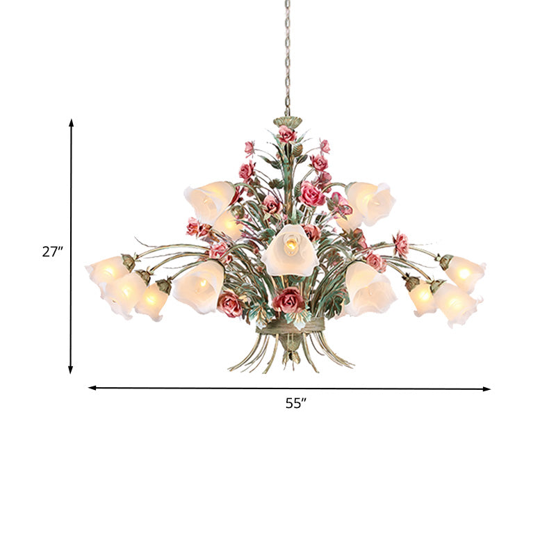 Curving Arm Metal Chandelier Lighting Country Style 16 Bulbs Living Room LED Flower Pendant Light in Green Clearhalo 'Ceiling Lights' 'Chandeliers' Lighting' options 465416