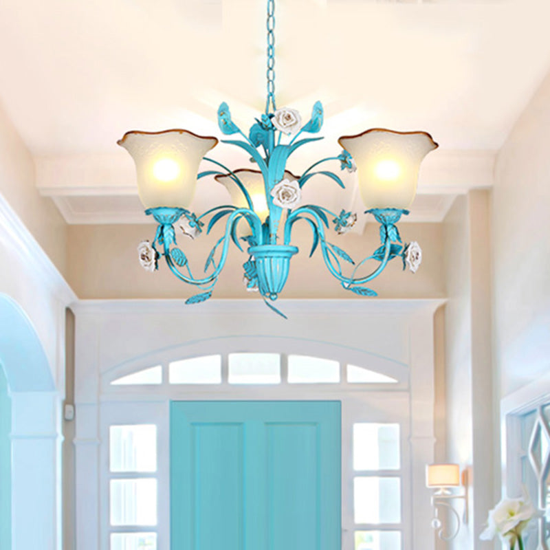 Pastoral Flared Chandelier Pendant Light 3/5/7 Heads Metal LED Suspension Lighting in Blue with Rose Decor 3 Blue Clearhalo 'Ceiling Lights' 'Chandeliers' Lighting' options 465434_5096596e-2b11-459b-a7c9-4ccdb8c21dcd