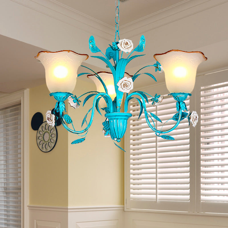 Pastoral Flared Chandelier Pendant Light 3/5/7 Heads Metal LED Suspension Lighting in Blue with Rose Decor Clearhalo 'Ceiling Lights' 'Chandeliers' Lighting' options 465435