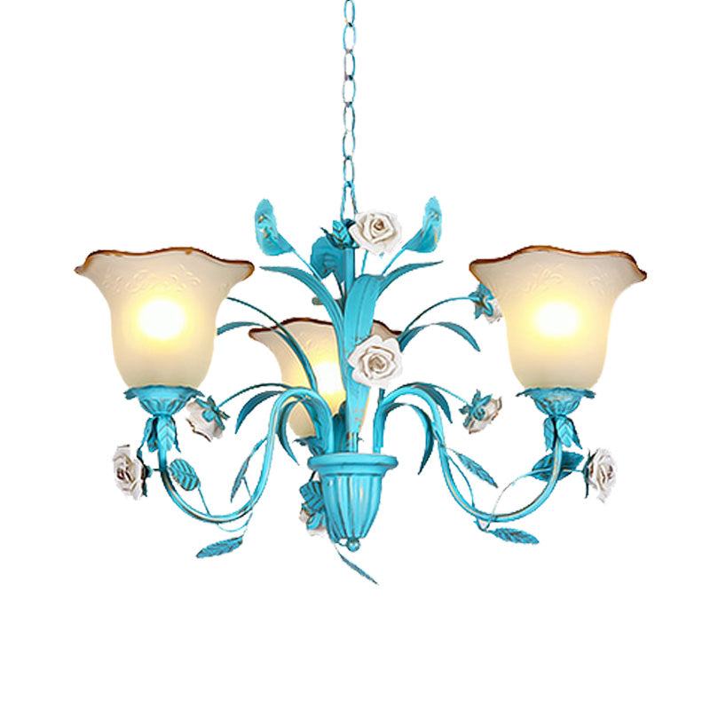Pastoral Flared Chandelier Pendant Light 3/5/7 Heads Metal LED Suspension Lighting in Blue with Rose Decor Clearhalo 'Ceiling Lights' 'Chandeliers' Lighting' options 465436