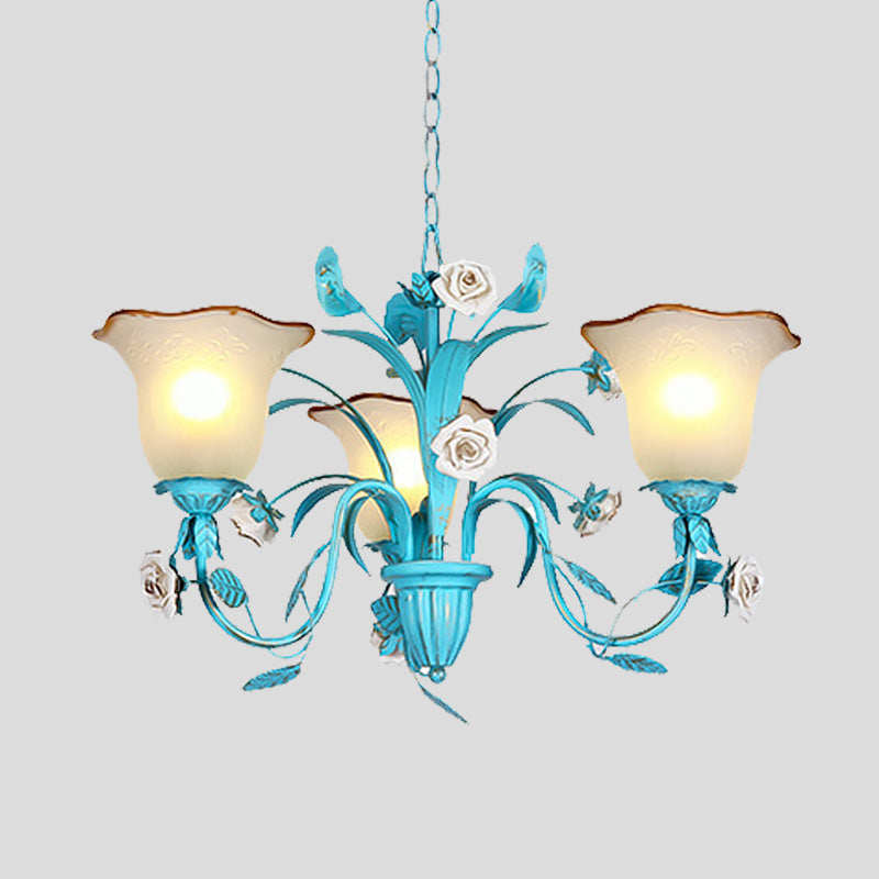 Pastoral Flared Chandelier Pendant Light 3/5/7 Heads Metal LED Suspension Lighting in Blue with Rose Decor Clearhalo 'Ceiling Lights' 'Chandeliers' Lighting' options 465437