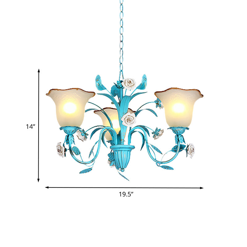Pastoral Flared Chandelier Pendant Light 3/5/7 Heads Metal LED Suspension Lighting in Blue with Rose Decor Clearhalo 'Ceiling Lights' 'Chandeliers' Lighting' options 465438