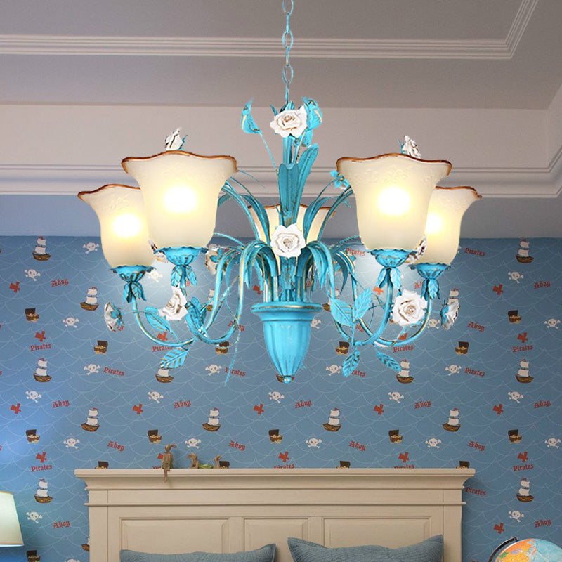 Pastoral Flared Chandelier Pendant Light 3/5/7 Heads Metal LED Suspension Lighting in Blue with Rose Decor 5 Blue Clearhalo 'Ceiling Lights' 'Chandeliers' Lighting' options 465439_f50d4d89-e2d2-4d8b-b047-61e2b433cd5f