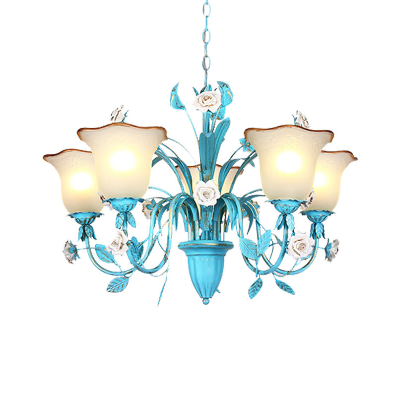 Pastoral Flared Chandelier Pendant Light 3/5/7 Heads Metal LED Suspension Lighting in Blue with Rose Decor Clearhalo 'Ceiling Lights' 'Chandeliers' Lighting' options 465441