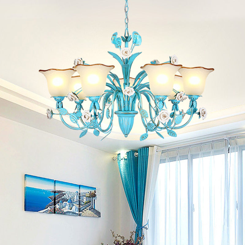 Pastoral Flared Chandelier Pendant Light 3/5/7 Heads Metal LED Suspension Lighting in Blue with Rose Decor Clearhalo 'Ceiling Lights' 'Chandeliers' Lighting' options 465444