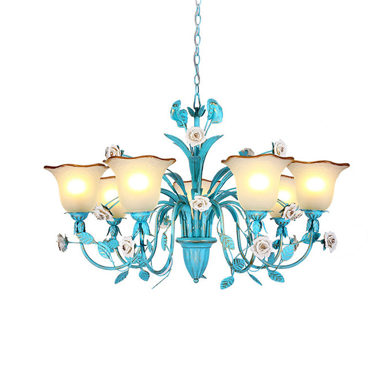 Pastoral Flared Chandelier Pendant Light 3/5/7 Heads Metal LED Suspension Lighting in Blue with Rose Decor Clearhalo 'Ceiling Lights' 'Chandeliers' Lighting' options 465445