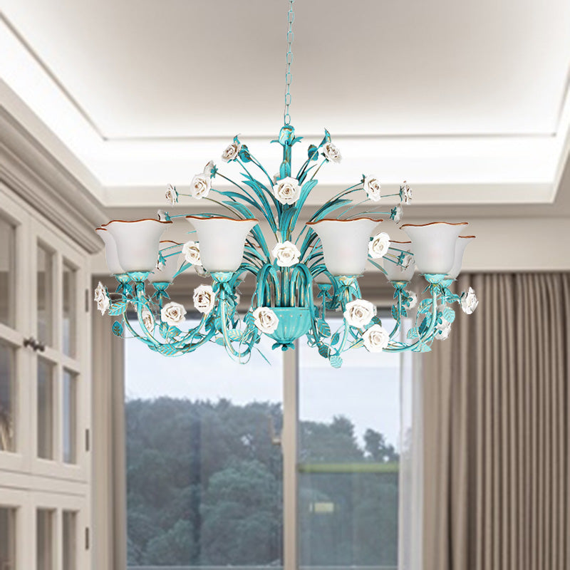 Pastoral Flared Chandelier Pendant Light 3/5/7 Heads Metal LED Suspension Lighting in Blue with Rose Decor 10 Blue Clearhalo 'Ceiling Lights' 'Chandeliers' Lighting' options 465447_2b1da5cd-11be-4a08-8103-580d48239bf5