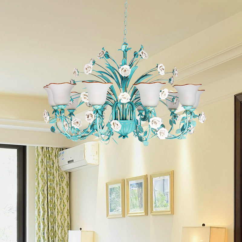 Pastoral Flared Chandelier Pendant Light 3/5/7 Heads Metal LED Suspension Lighting in Blue with Rose Decor Clearhalo 'Ceiling Lights' 'Chandeliers' Lighting' options 465448