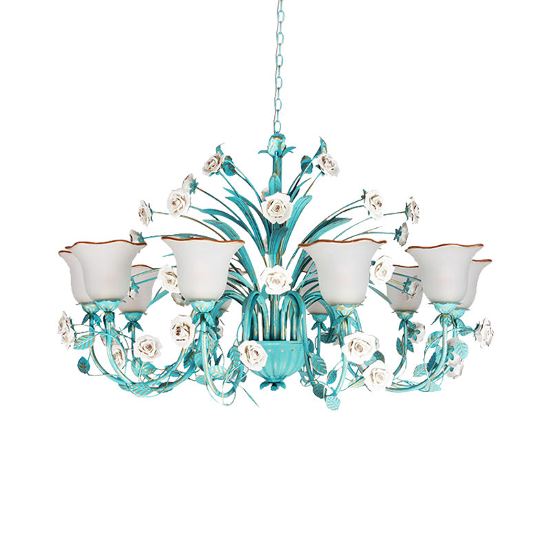 Pastoral Flared Chandelier Pendant Light 3/5/7 Heads Metal LED Suspension Lighting in Blue with Rose Decor Clearhalo 'Ceiling Lights' 'Chandeliers' Lighting' options 465449