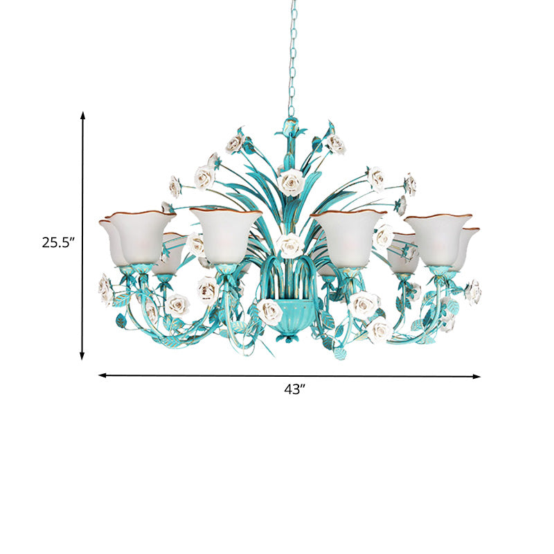 Pastoral Flared Chandelier Pendant Light 3/5/7 Heads Metal LED Suspension Lighting in Blue with Rose Decor Clearhalo 'Ceiling Lights' 'Chandeliers' Lighting' options 465450