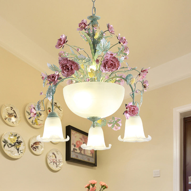 Metal Bowl Chandelier Light Romantic Pastoral 5/7 Bulbs Dining Room Drop Lamp in Green with Rose 7 Green Clearhalo 'Ceiling Lights' 'Chandeliers' Lighting' options 465466_a447edfa-4443-4d22-aeff-5b8c922836c9