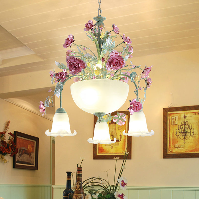 Metal Bowl Chandelier Light Romantic Pastoral 5/7 Bulbs Dining Room Drop Lamp in Green with Rose Clearhalo 'Ceiling Lights' 'Chandeliers' Lighting' options 465467