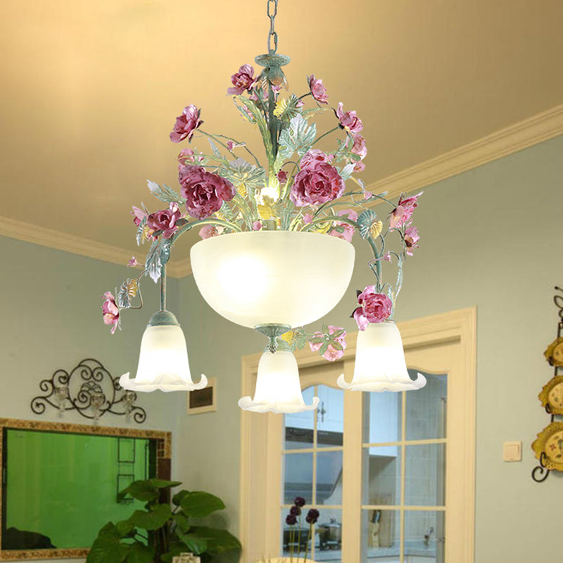 Metal Bowl Chandelier Light Romantic Pastoral 5/7 Bulbs Dining Room Drop Lamp in Green with Rose Clearhalo 'Ceiling Lights' 'Chandeliers' Lighting' options 465468