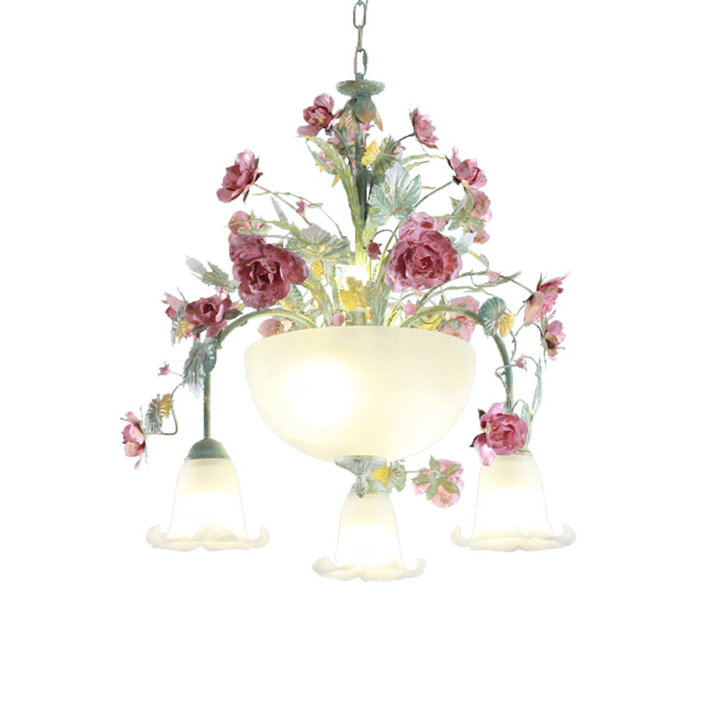 Metal Bowl Chandelier Light Romantic Pastoral 5/7 Bulbs Dining Room Drop Lamp in Green with Rose Clearhalo 'Ceiling Lights' 'Chandeliers' Lighting' options 465469