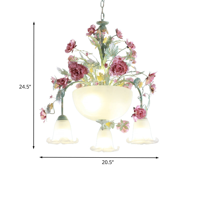 Metal Bowl Chandelier Light Romantic Pastoral 5/7 Bulbs Dining Room Drop Lamp in Green with Rose Clearhalo 'Ceiling Lights' 'Chandeliers' Lighting' options 465470