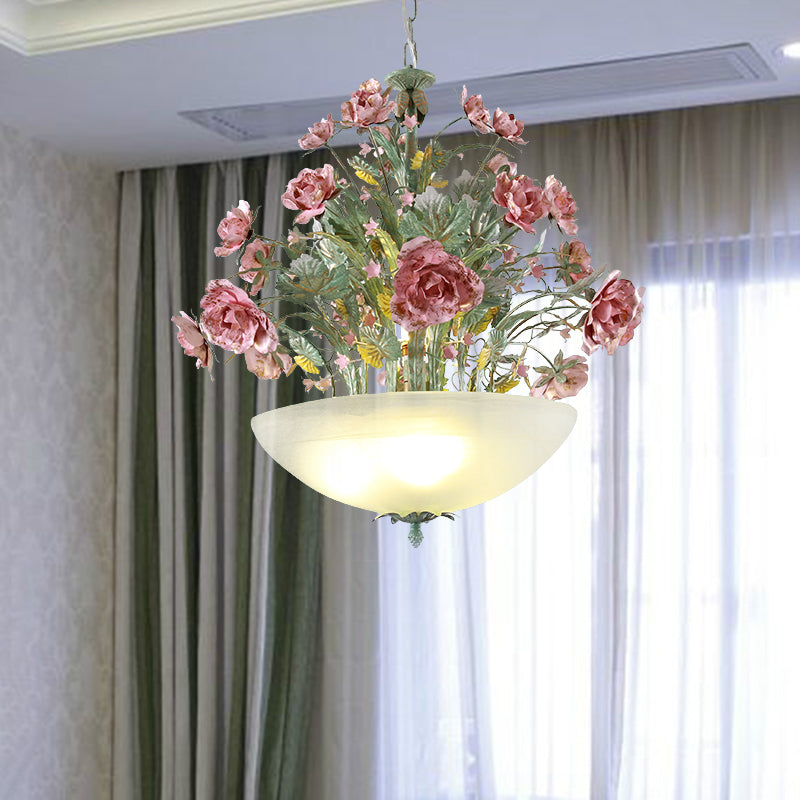 Metal Bowl Chandelier Light Romantic Pastoral 5/7 Bulbs Dining Room Drop Lamp in Green with Rose Clearhalo 'Ceiling Lights' 'Chandeliers' Lighting' options 465471