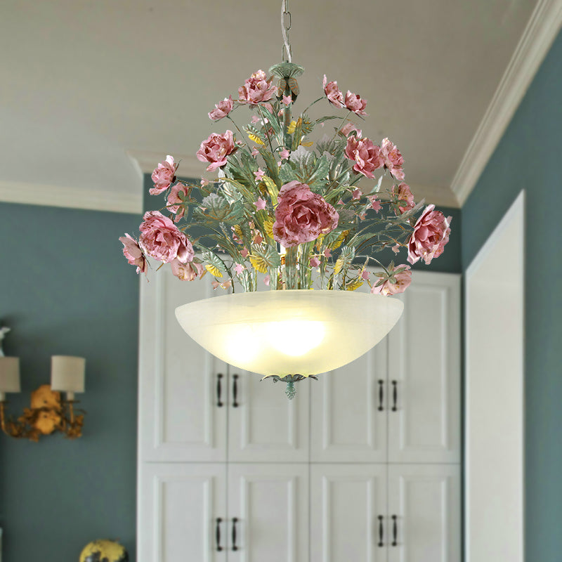 Metal Bowl Chandelier Light Romantic Pastoral 5/7 Bulbs Dining Room Drop Lamp in Green with Rose Clearhalo 'Ceiling Lights' 'Chandeliers' Lighting' options 465472