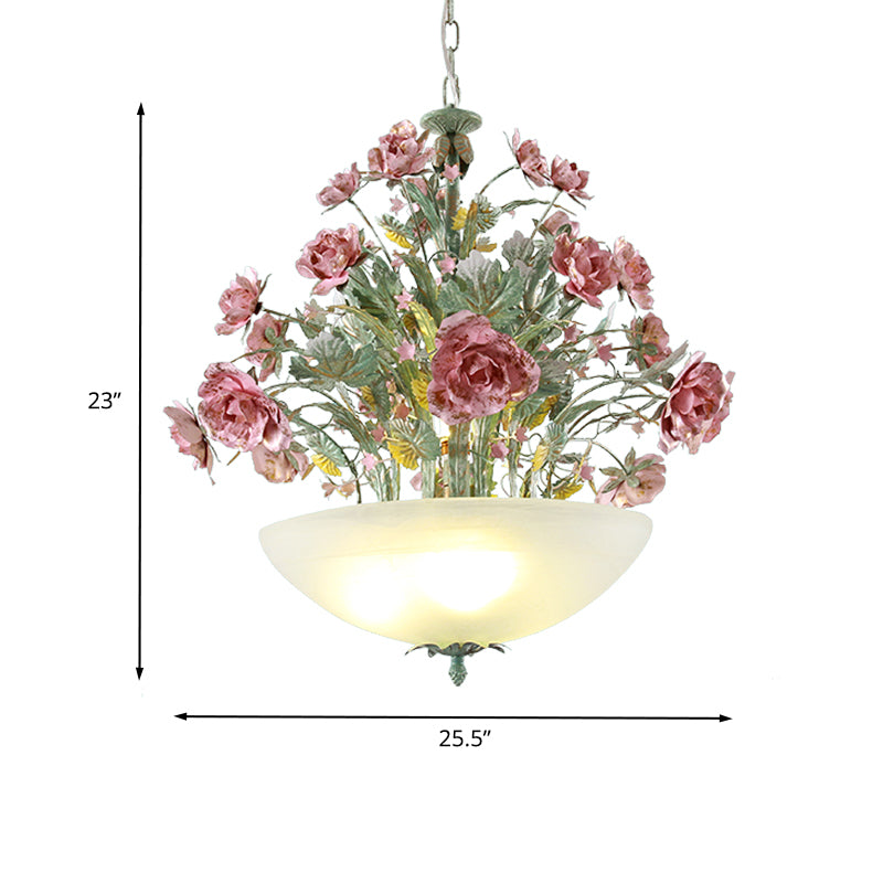 Metal Bowl Chandelier Light Romantic Pastoral 5/7 Bulbs Dining Room Drop Lamp in Green with Rose Clearhalo 'Ceiling Lights' 'Chandeliers' Lighting' options 465474