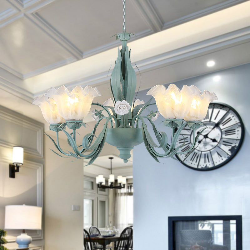 Countryside Curved Arm Chandelier Lamp 3/5/7 Bulbs Metal LED Drop Pendant in Aqua for Living Room 5 Blue-Green Clearhalo 'Ceiling Lights' 'Chandeliers' Lighting' options 465505_fbd00157-74d1-43b7-b8b9-4e551ac387e6