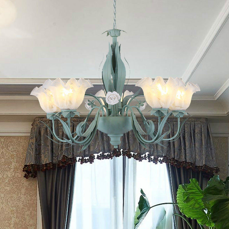 Countryside Curved Arm Chandelier Lamp 3/5/7 Bulbs Metal LED Drop Pendant in Aqua for Living Room Clearhalo 'Ceiling Lights' 'Chandeliers' Lighting' options 465506