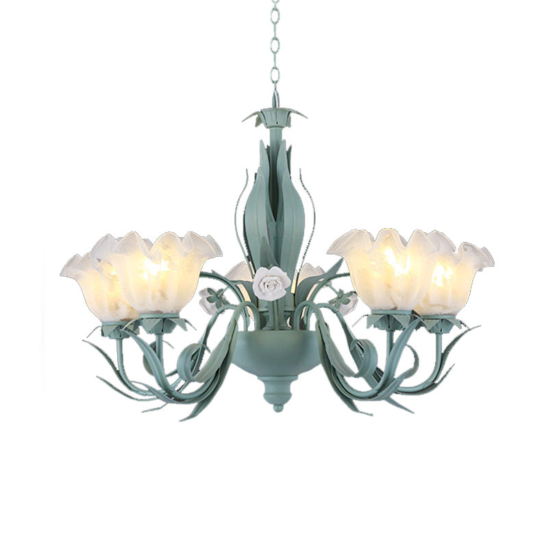 Countryside Curved Arm Chandelier Lamp 3/5/7 Bulbs Metal LED Drop Pendant in Aqua for Living Room Clearhalo 'Ceiling Lights' 'Chandeliers' Lighting' options 465507