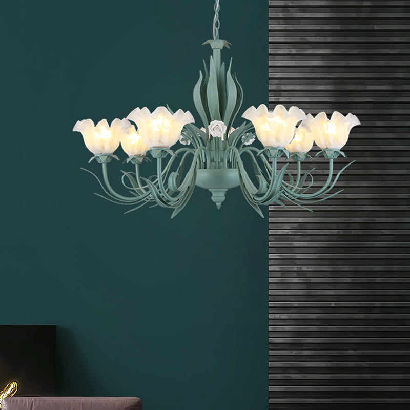Countryside Curved Arm Chandelier Lamp 3/5/7 Bulbs Metal LED Drop Pendant in Aqua for Living Room 7 Blue-Green Clearhalo 'Ceiling Lights' 'Chandeliers' Lighting' options 465509_89552354-f726-4c1f-aea4-48416f6cc35e