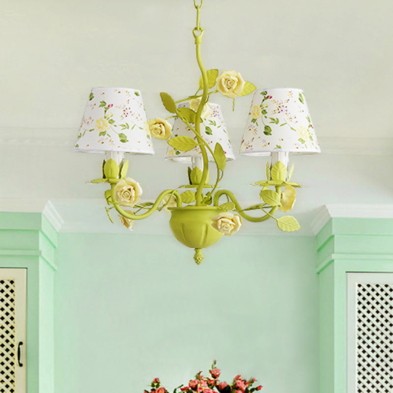 Tapered Bedroom Pendant Chandelier Traditional Metal 3/6/8 Heads Green Ceiling Hang Fixture with Rose Decoration 3 Green Clearhalo 'Ceiling Lights' 'Chandeliers' Lighting' options 465528_8f3e42c9-6b5e-4971-a5c7-827266a1b707